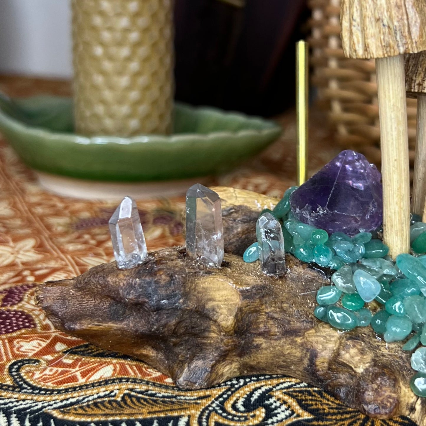 Bespoke Crystal & Wooden Burl Mushroom Incense Stick Holder - Amethyst | Quartz | Dyed Agate