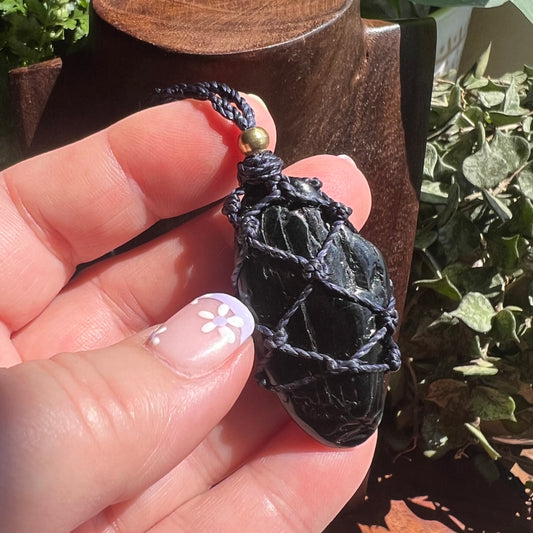 Black Tourmaline in Night Sky Macrame Necklace