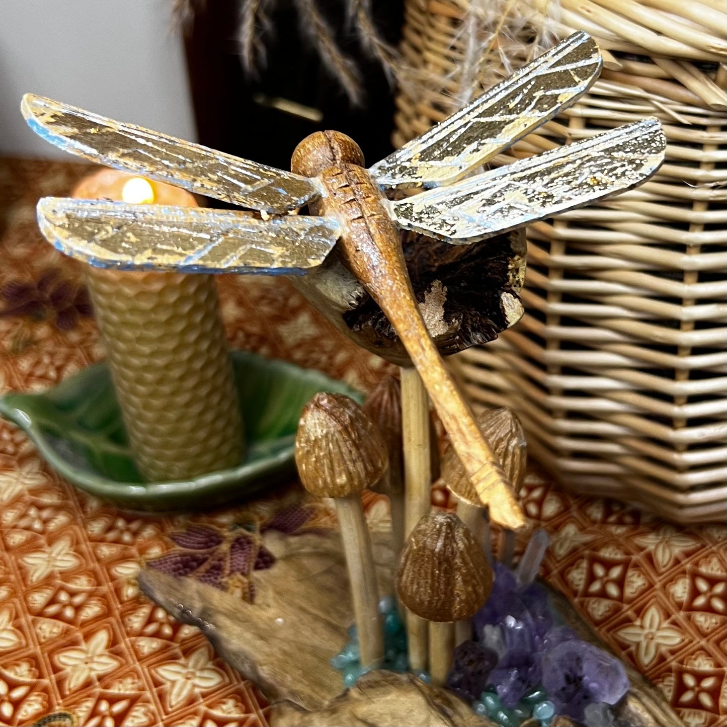 Bespoke Crystal & Wooden Burl Mushroom & Dragonfly Display - Amethyst | Quartz | Dyed Agate