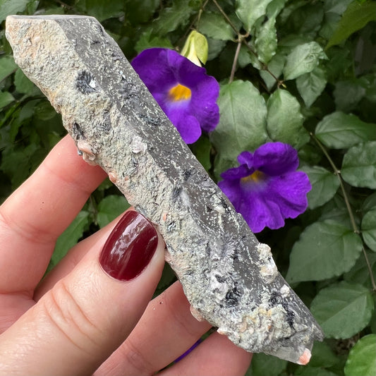 Inner Mongolian Quartz Point with Calcite, Specular Hematite, Hedenbergite and Iron Ore inclusions
