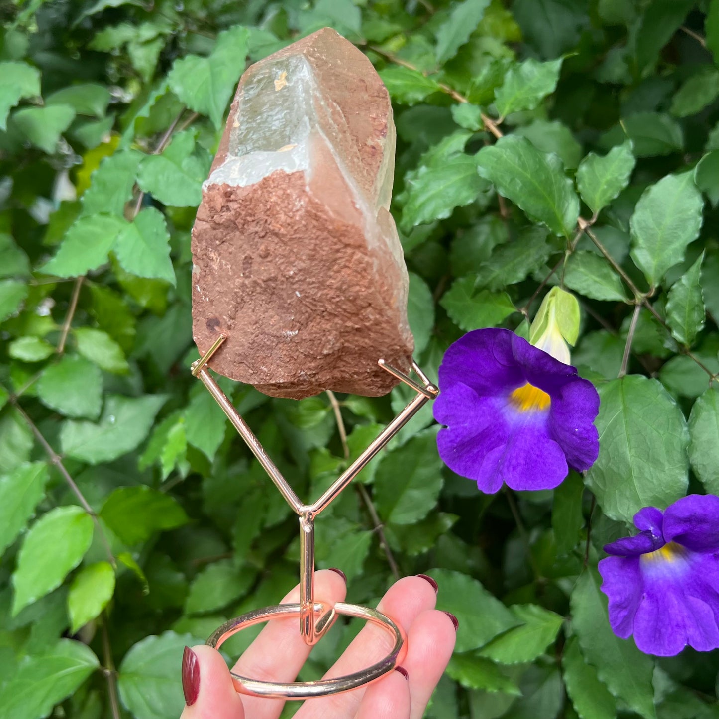 Red Hematoid Quartz Point Specimen - A super chunky self-healed double-terminated point on rose gold stand