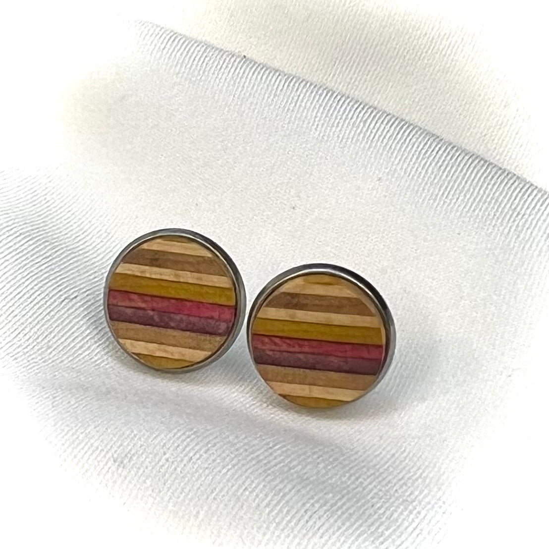 Upcycled Skateboard Timber Stud Earrings | Pink•Yellow•Purple•Wood | by Addy’s Earrings