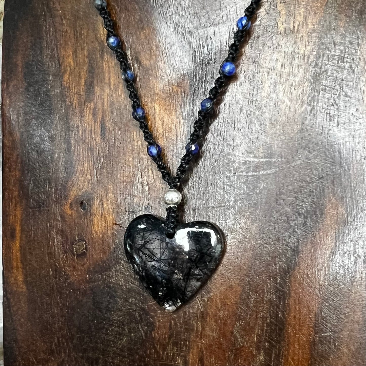 Tourmaline included Quartz Heart with Lapis Lazuli Crystal Macrame Necklace