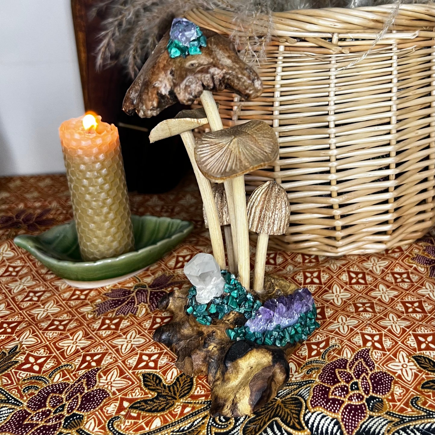 Bespoke Crystal & Wooden Burl Mushroom Display - Amethyst | Quartz | Malachite