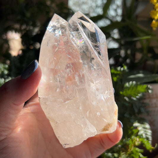 Pink Lemurian Tantric Twin Quartz in Wood Display (Brazil)