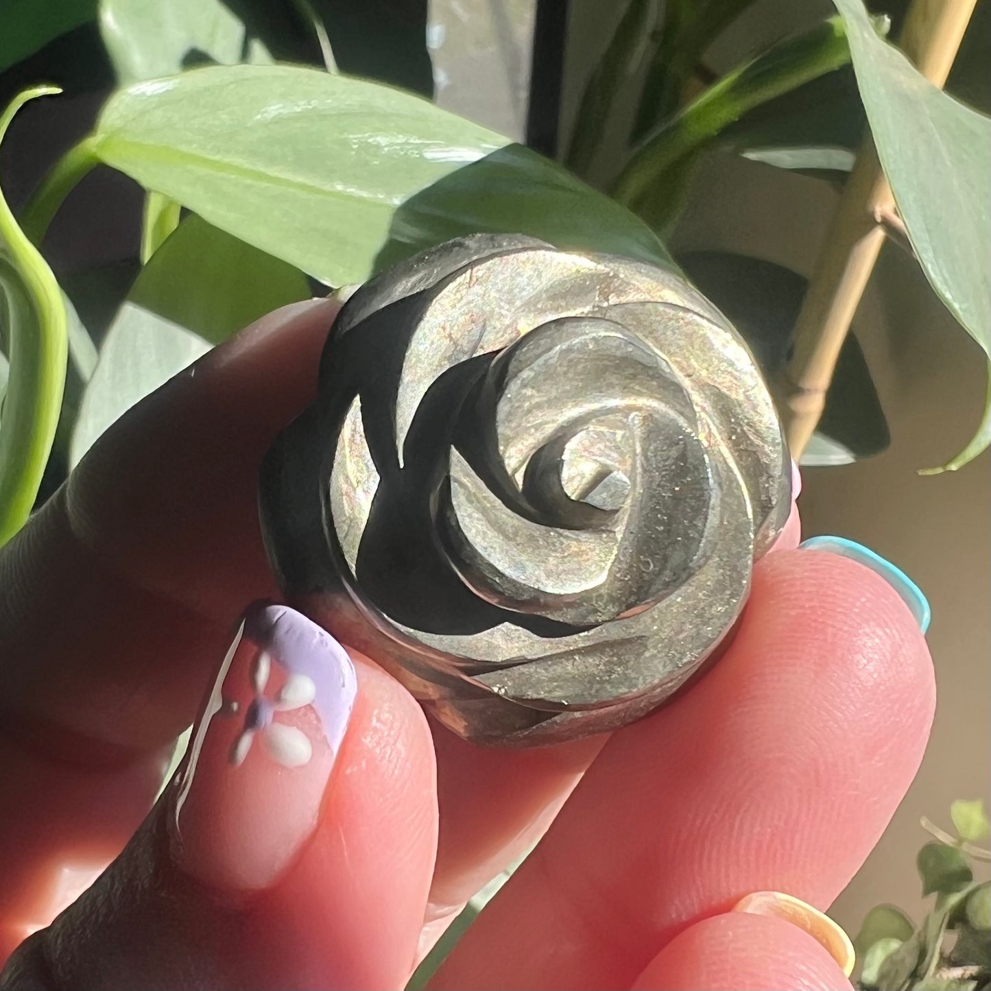 Golden tone Pyrite Rose Carving