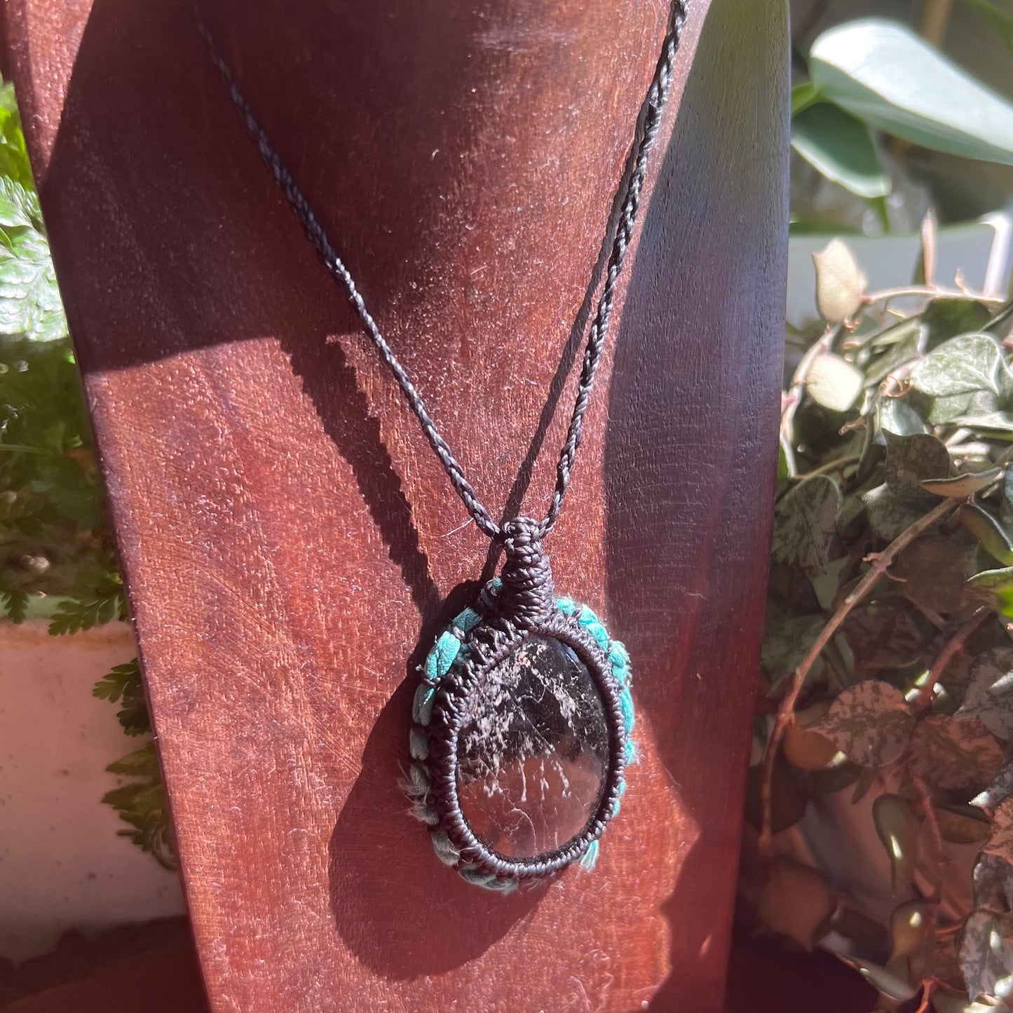 Black Tourmaline with Sari cord frame Macrame Necklace