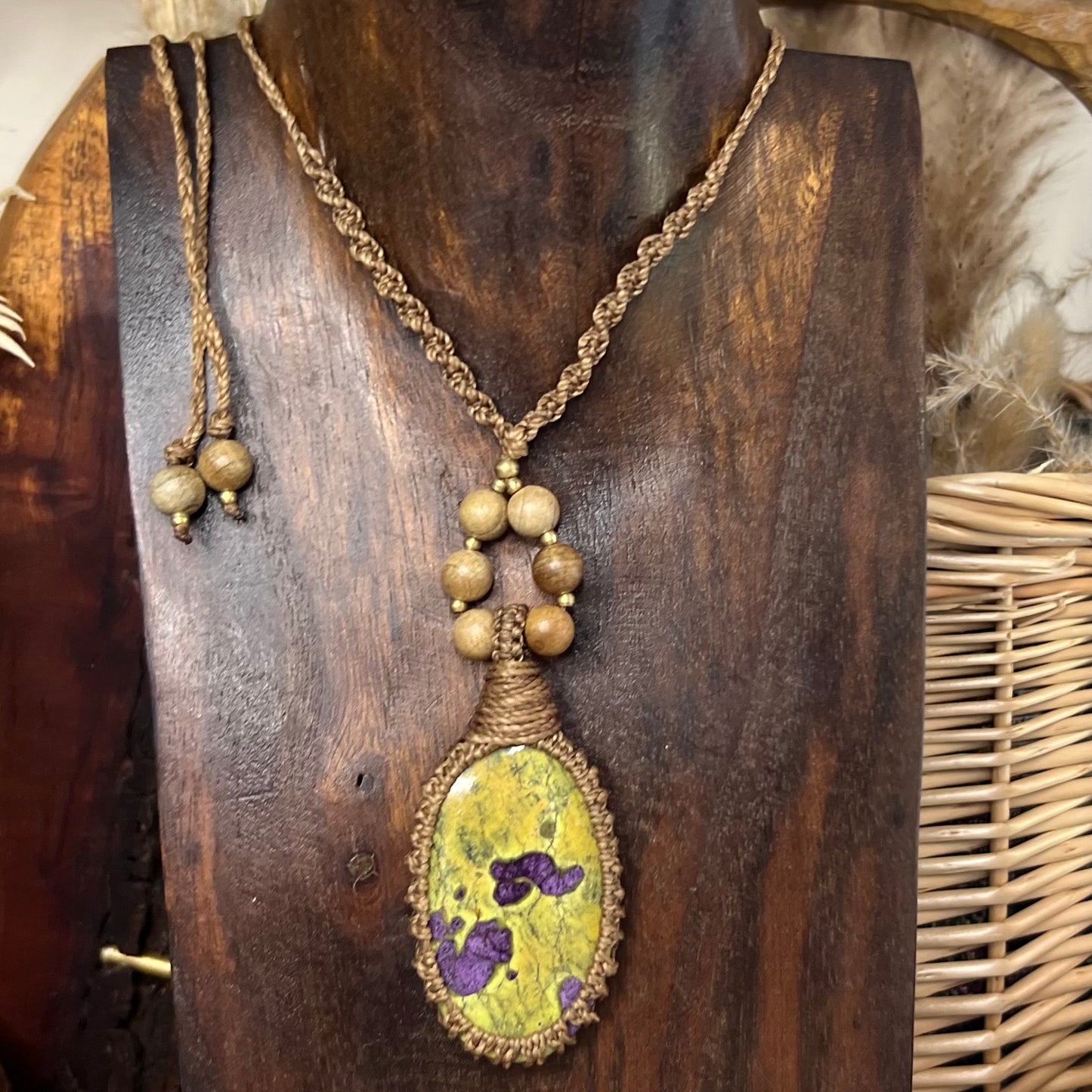 Tasmanian Atlantisite with Polished Wood & Brass Macrame Necklace