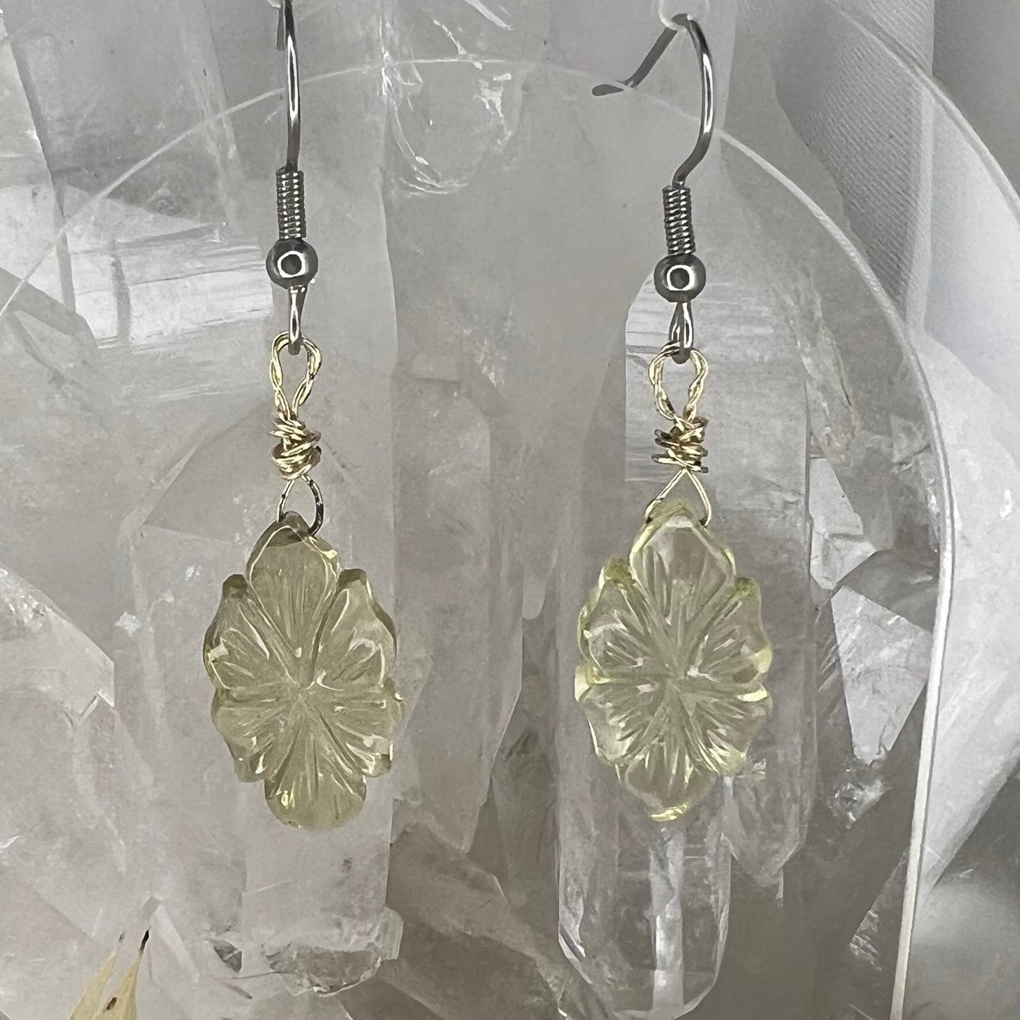 Lemon Quartz Hibiscus Flower Surgical Steel Earrings