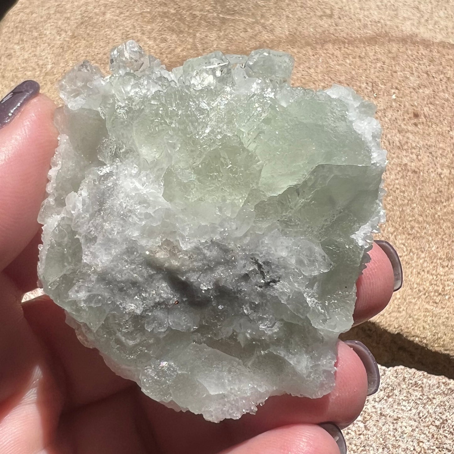 Green Octahedral Fluorite Specimen coated in Clear Quartz Druzy blanket - Fujian, China