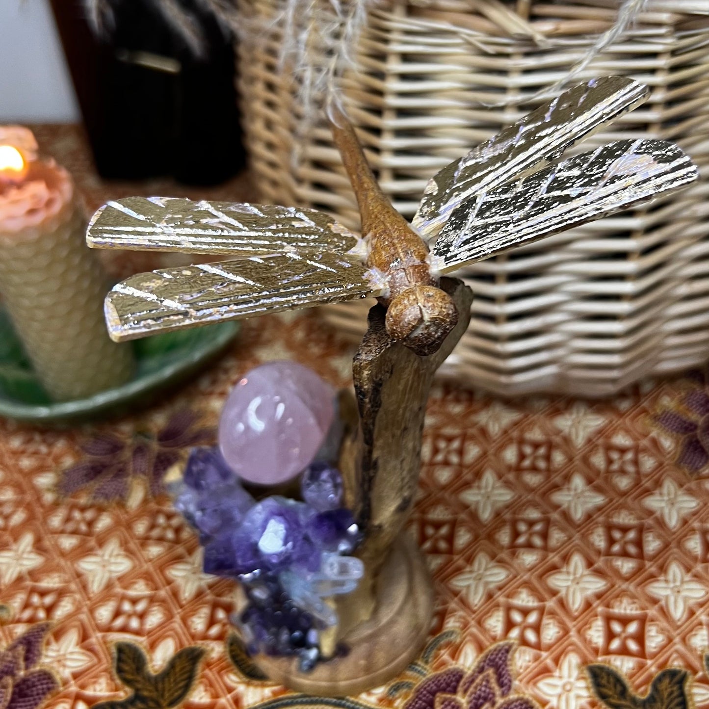 Bespoke Crystal & Natural Wood Golden Winged Dragonfly Display - Amethyst | Quartz | Rose Quartz