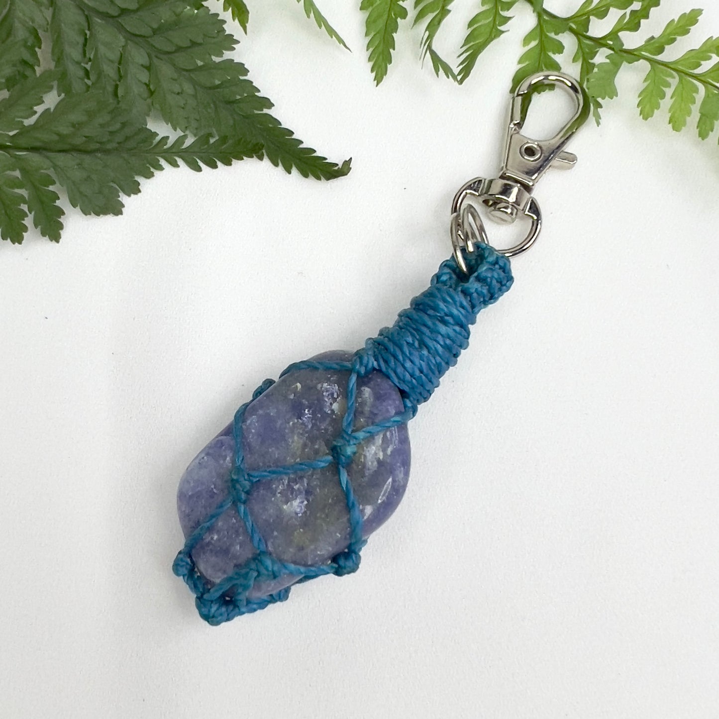 Blue Quartz Crystal Macrame Keyring Charm | Pet Collar Charm