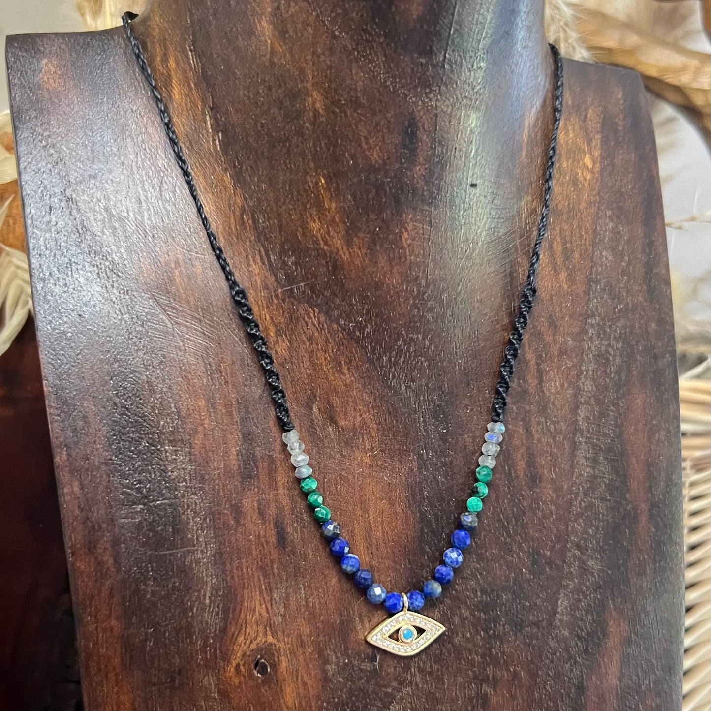 Evil Eye (Gold CZ) with Lapis, Malachite, Labradorite Petite Crystal Necklace