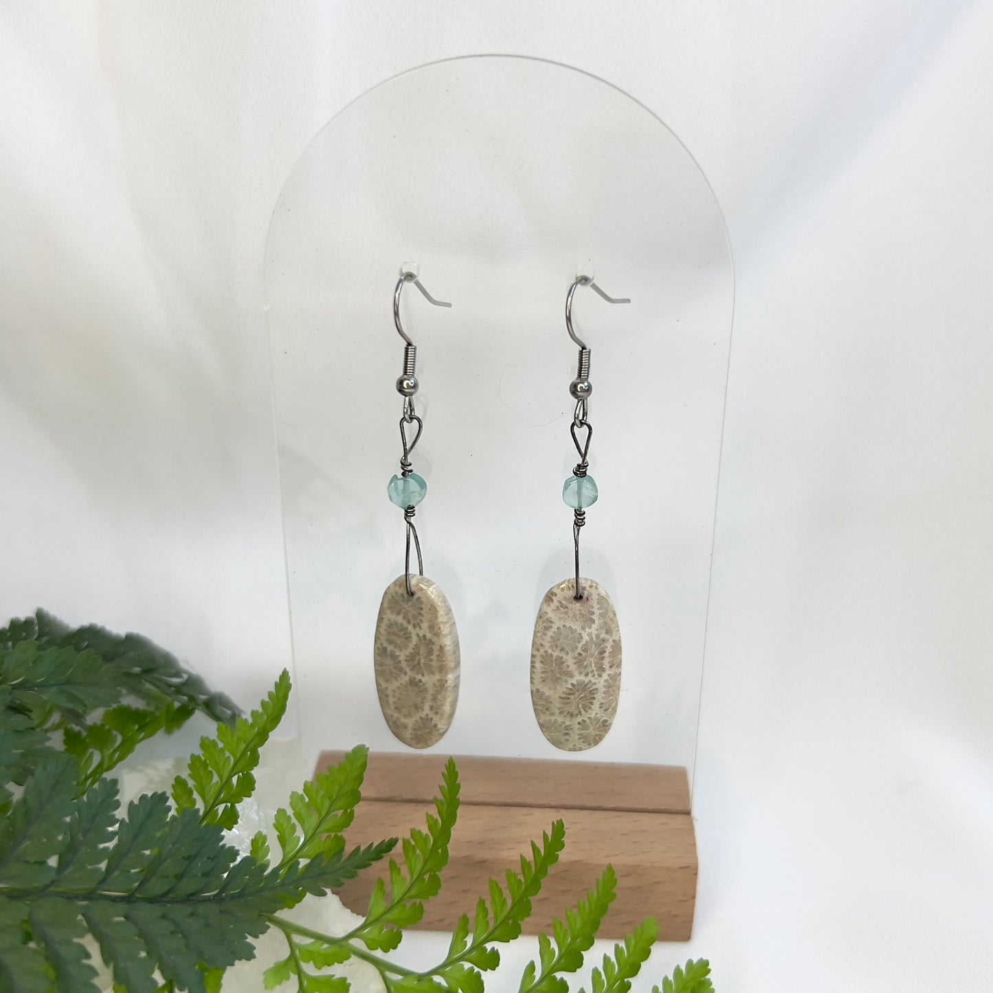 Fossilized Coral & Neon Apatite Earrings: Calm Protection ∙ Endurance ∙ Emotional Healing