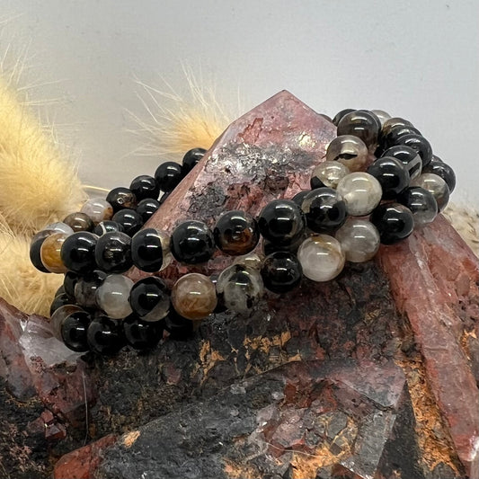 Black Tourmaline with Quartz Inclusion Crystal Bracelet | 6mm beads