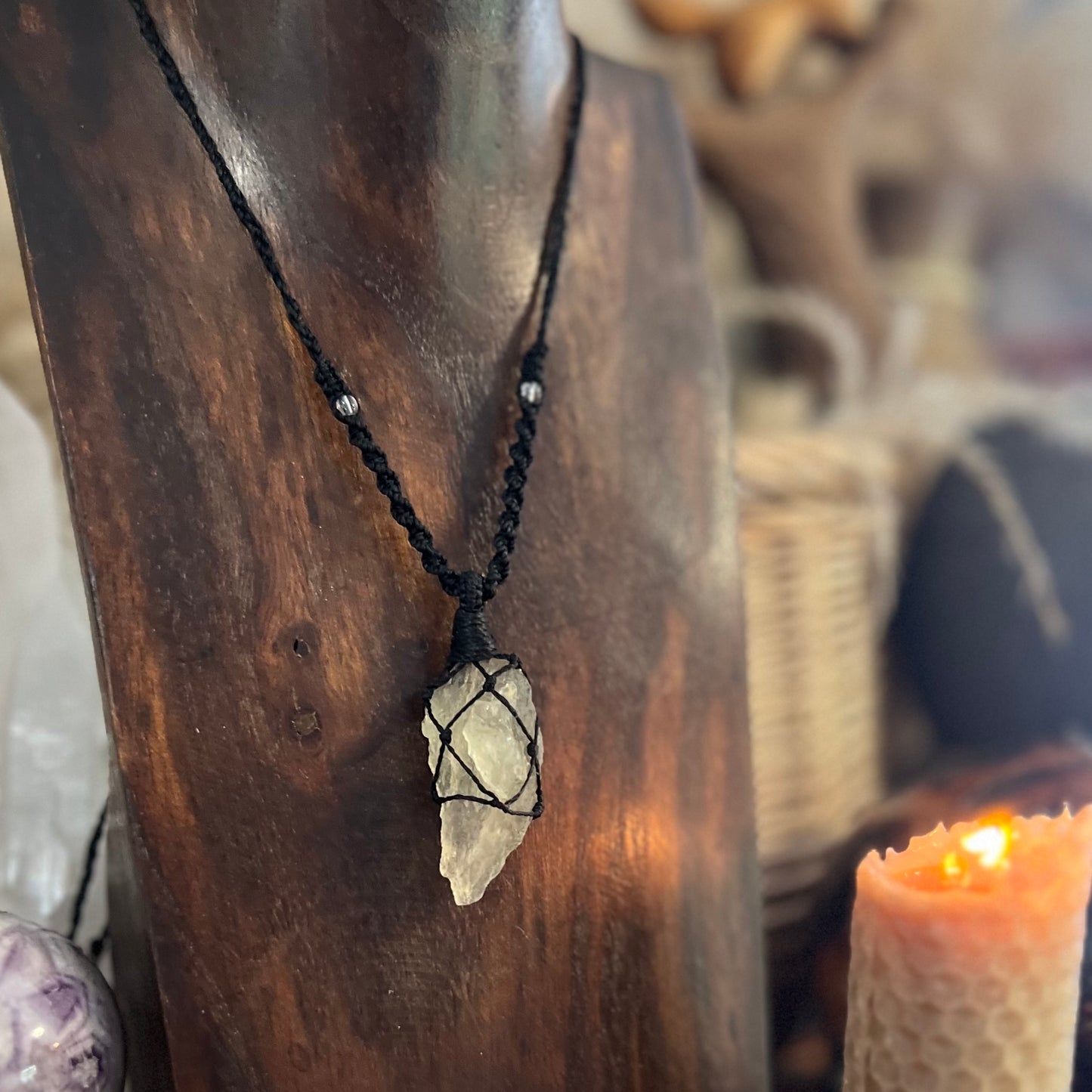 Libyan Desert Glass Tektite Crystal Macrame Talisman (ii)