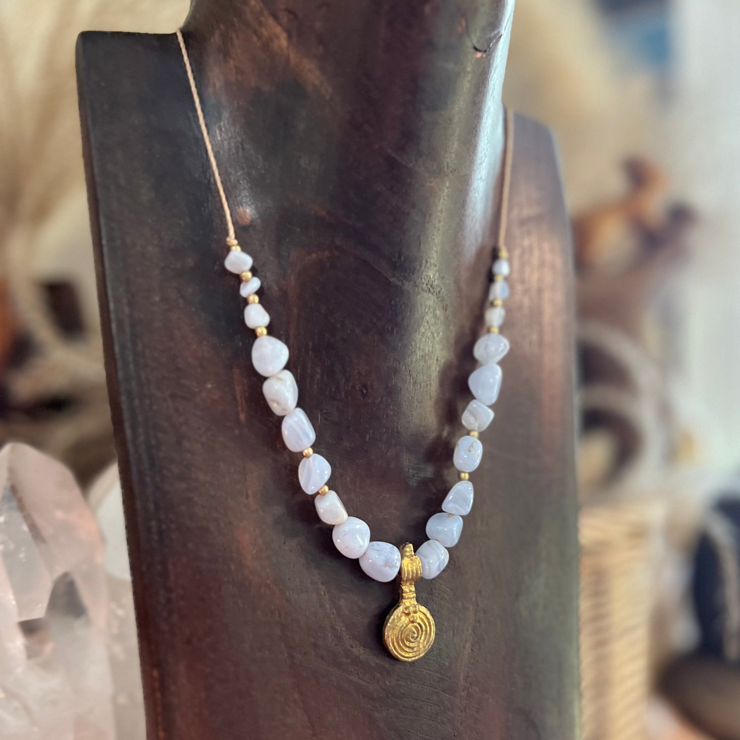 Blue Lace Agate & Brass Spiral of Life Crystal Layer Necklace