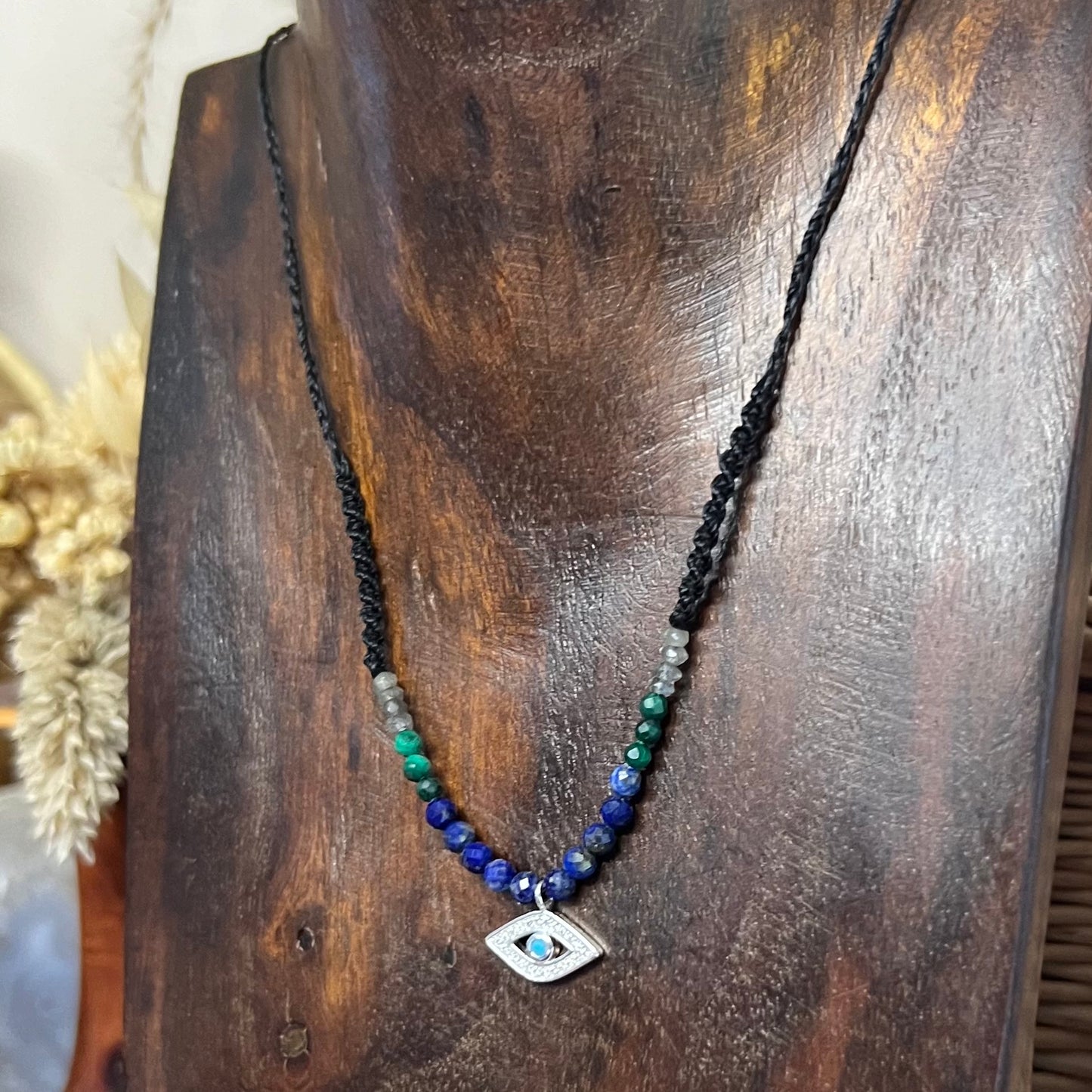 Silver CZ Evil Eye Talisman with Lapis, Malachite, Labradorite Crystal Necklace
