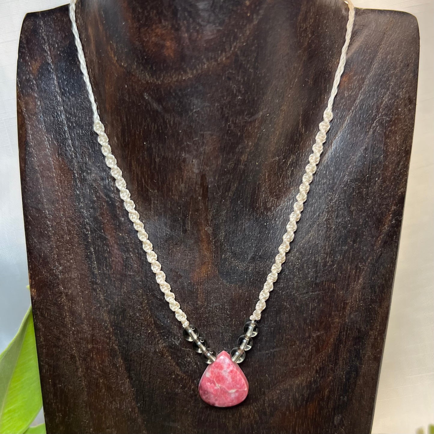 Thulite with Smoky Quartz Petite adjustable Macrame Necklace