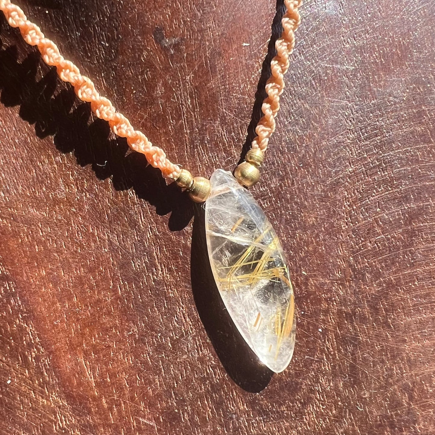 Gold Rutilated Quartz with Brass Petite Macrame Crystal Necklace