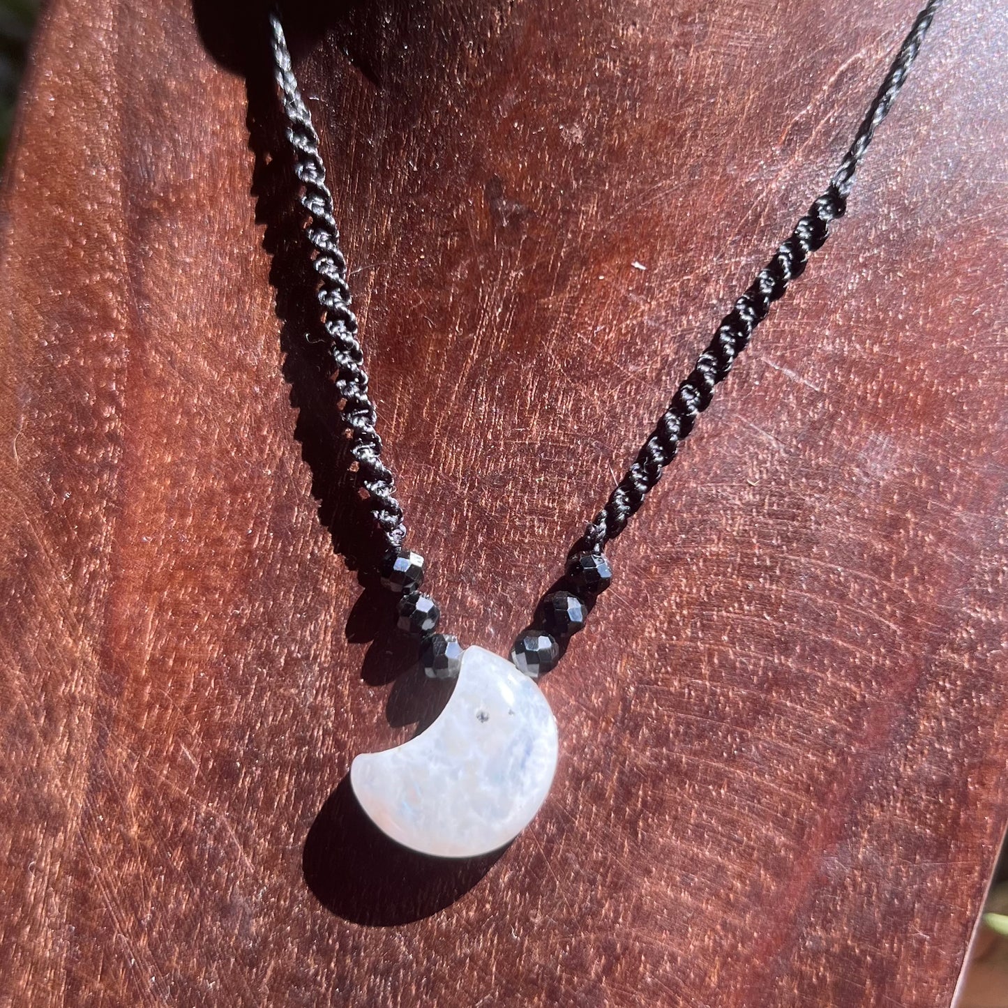 Moonstone Moon and Spinel Macrame Crystal Necklace