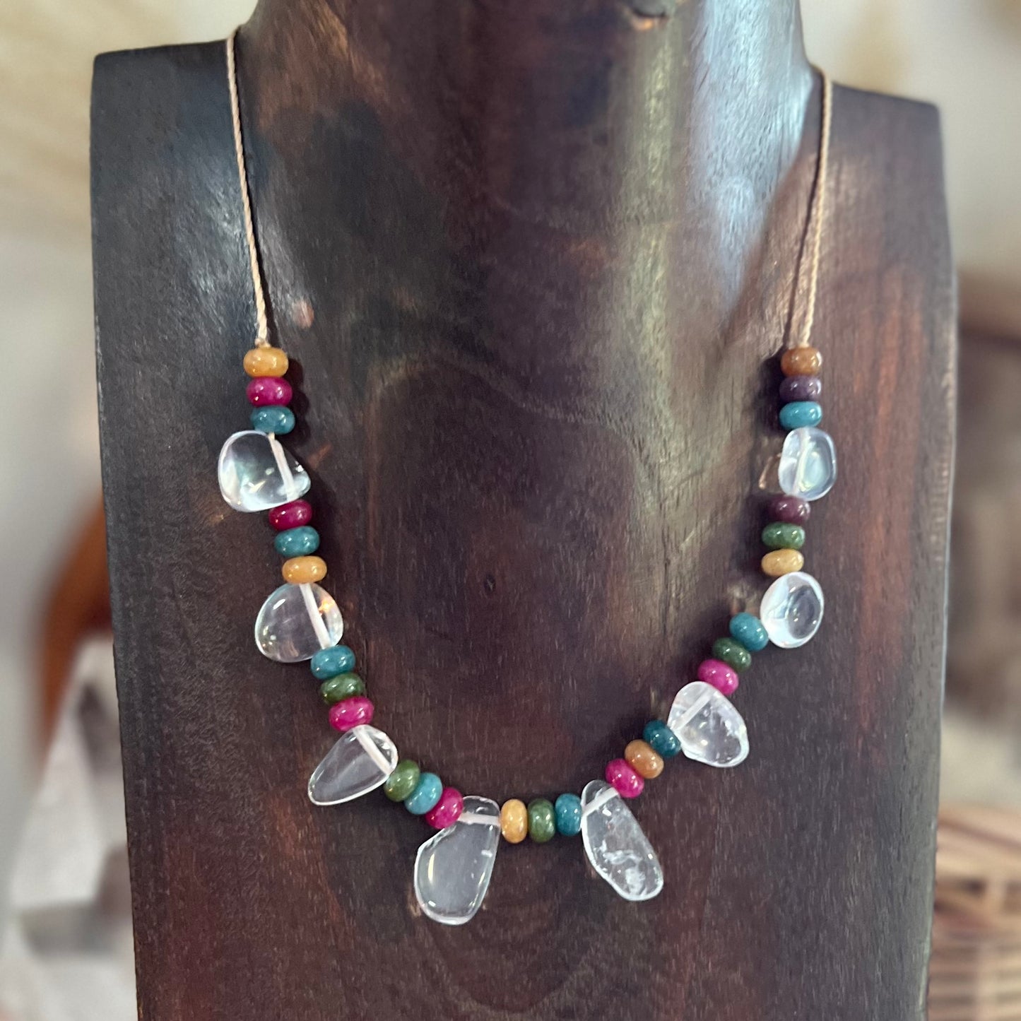 Dyed Agate, Clear Quartz & Brass Boho Crystal Macrame Necklace