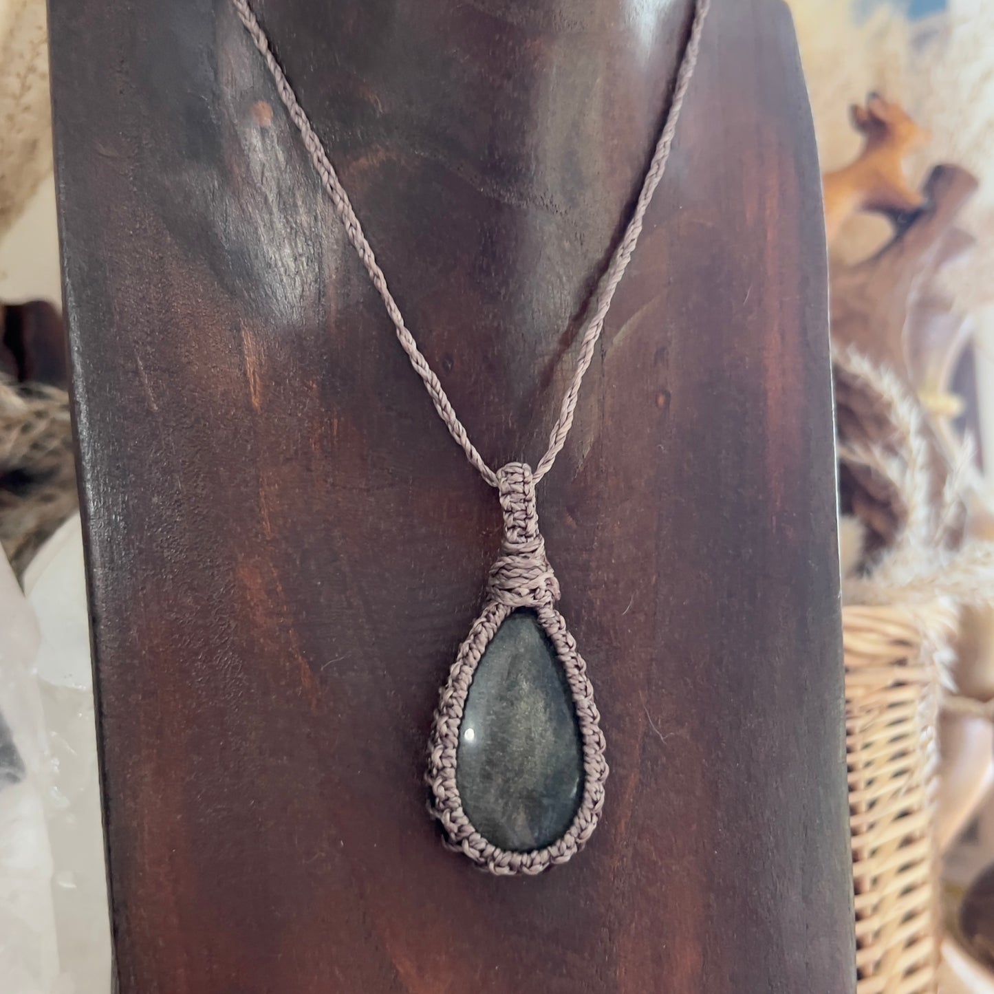 Golden Sheen Obsidian Macrame Necklace