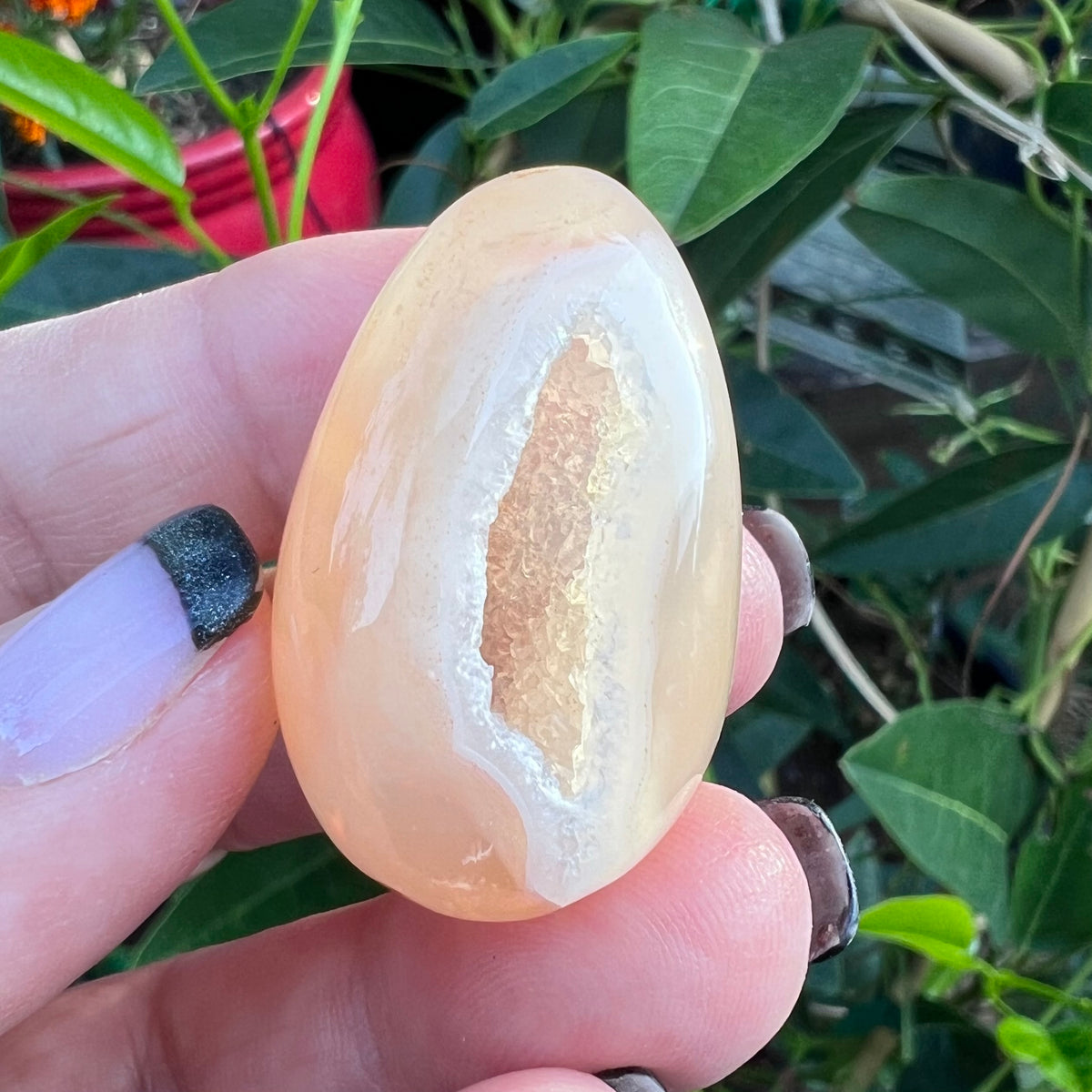 Crystalline quartz cave in a natural flower agate tumblestone egg.