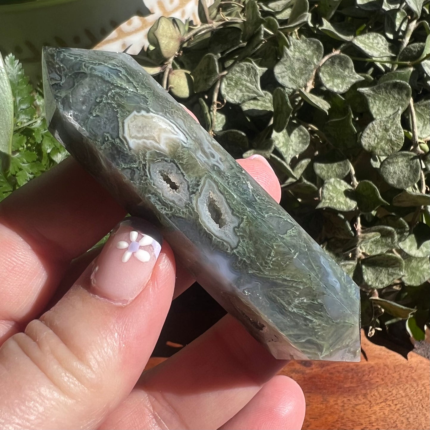 Moss Agate Double Terminated Wand with Druzy