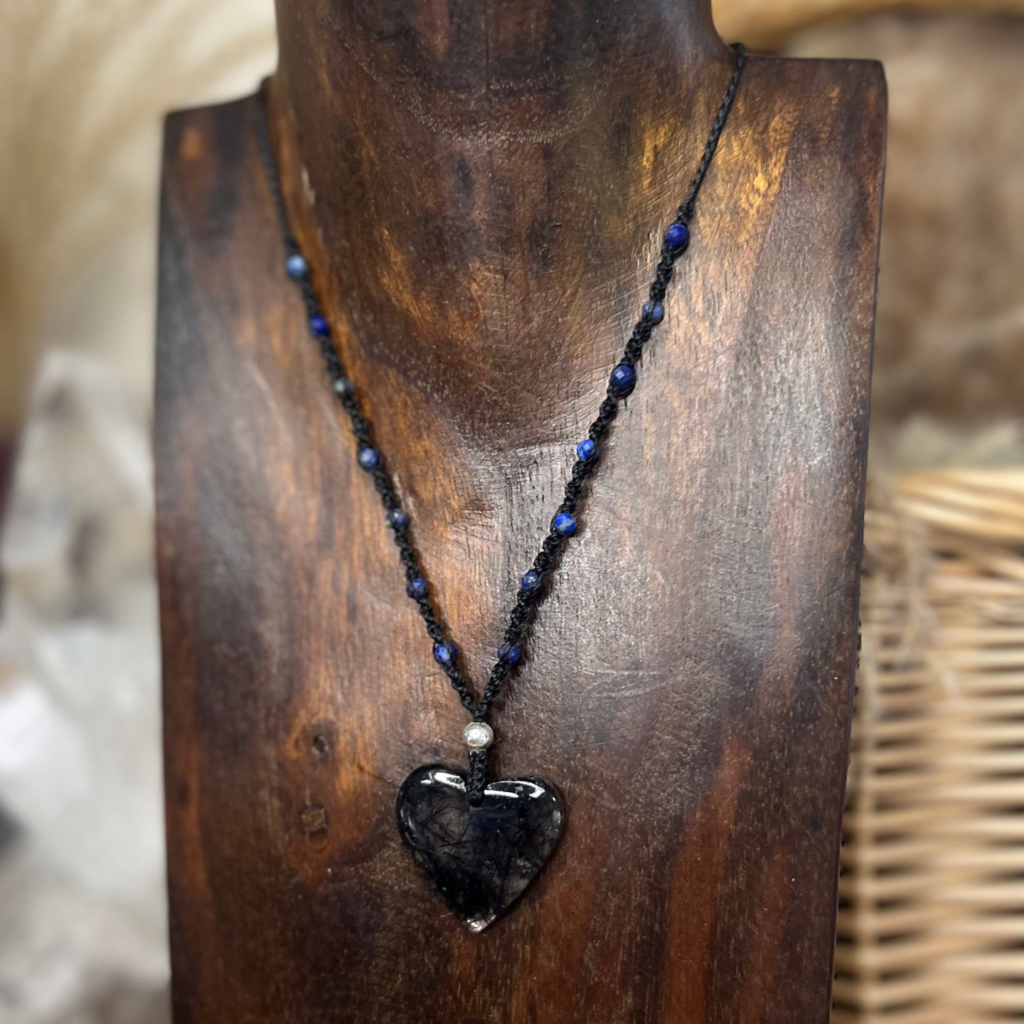 Tourmaline included Quartz Heart with Lapis Lazuli Crystal Macrame Necklace