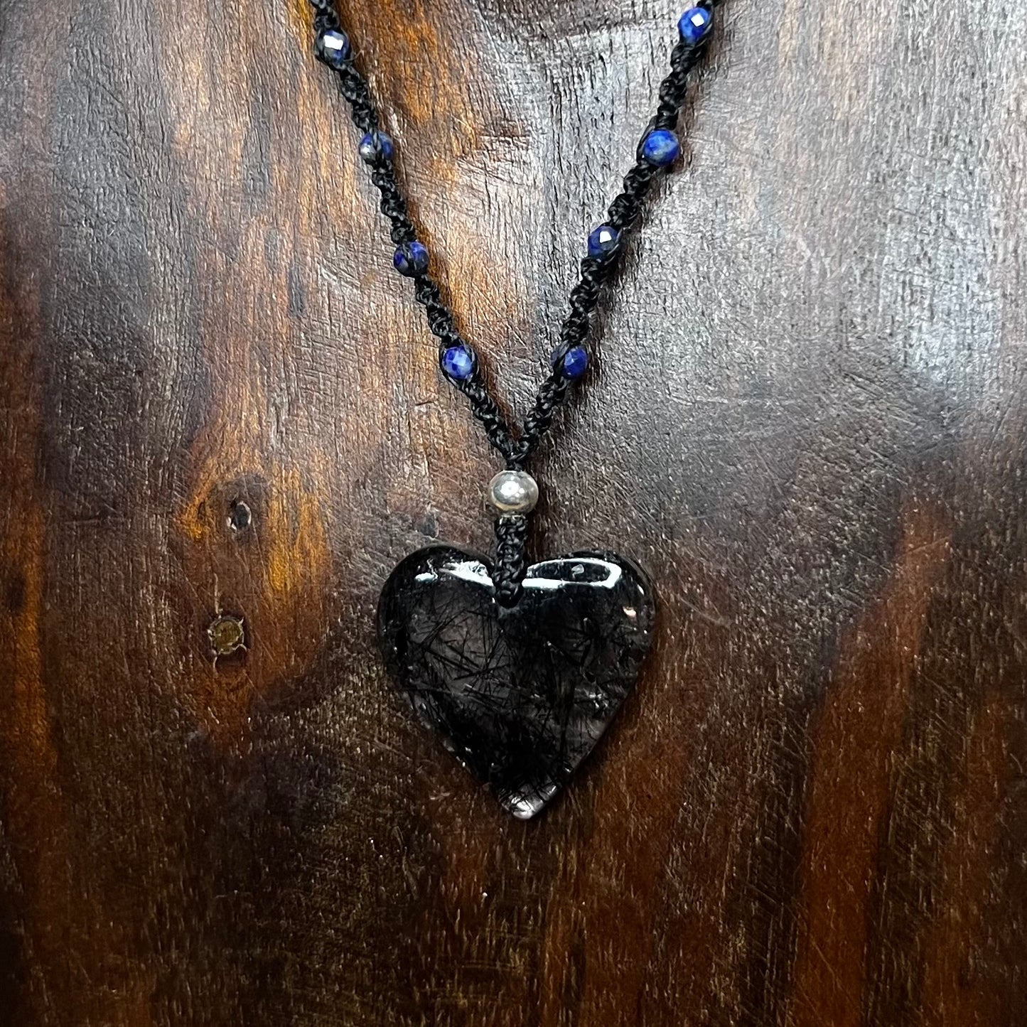 Tourmaline included Quartz Heart with Lapis Lazuli Crystal Macrame Necklace