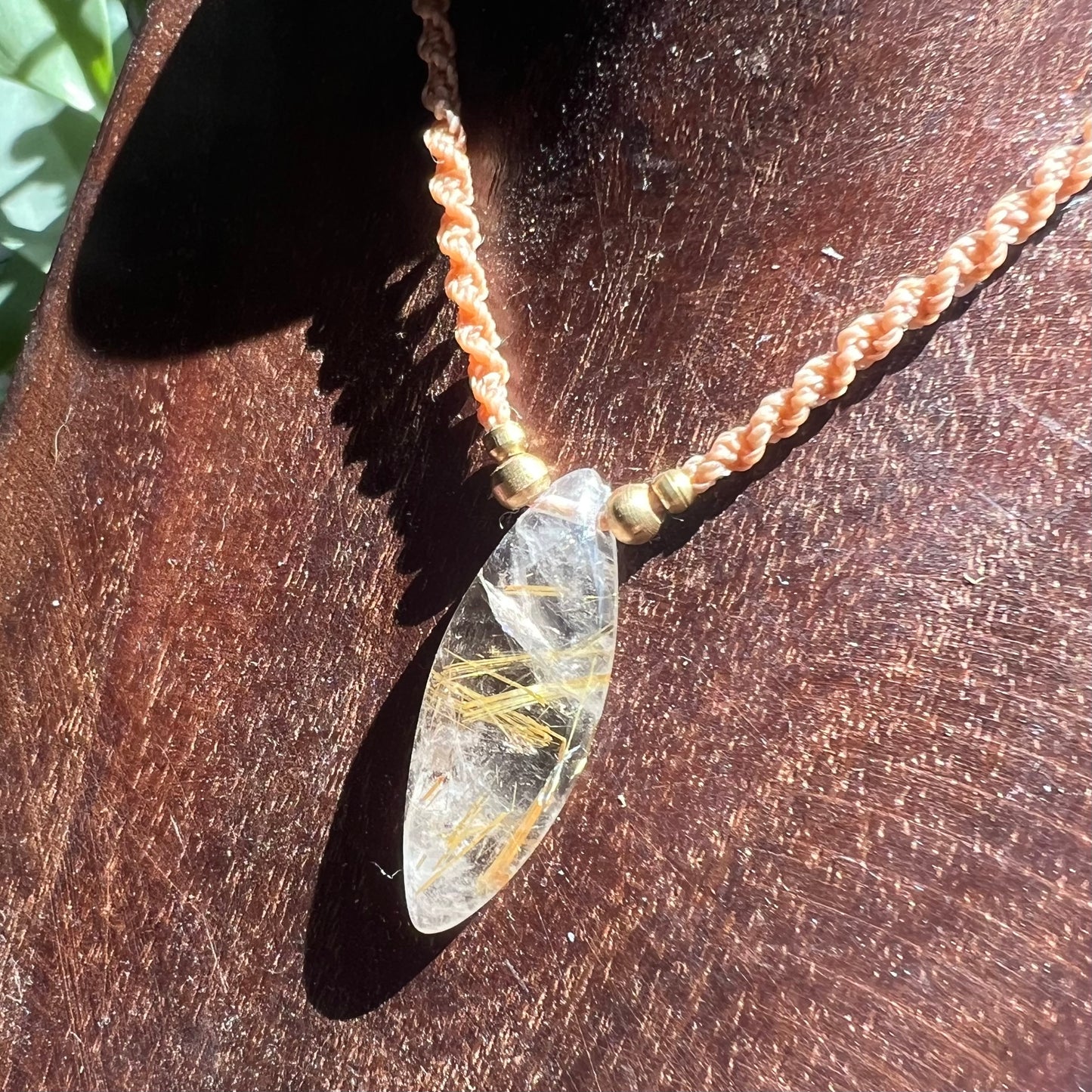 Gold Rutilated Quartz with Brass Petite Macrame Crystal Necklace