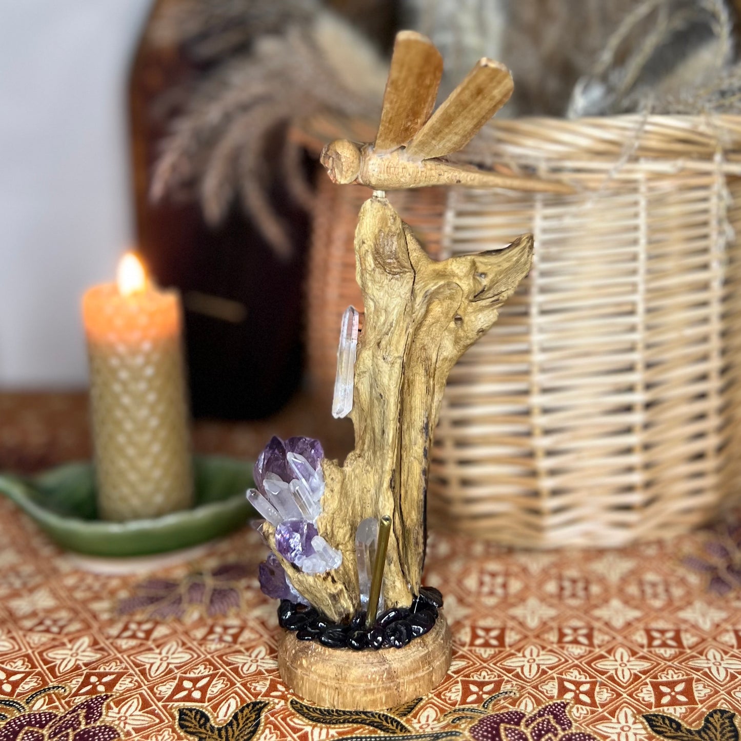 Bespoke Crystal & Natural Wooden Golden Winged Dragonfly Stick incense Holder - Amethyst | Quartz | Garnet