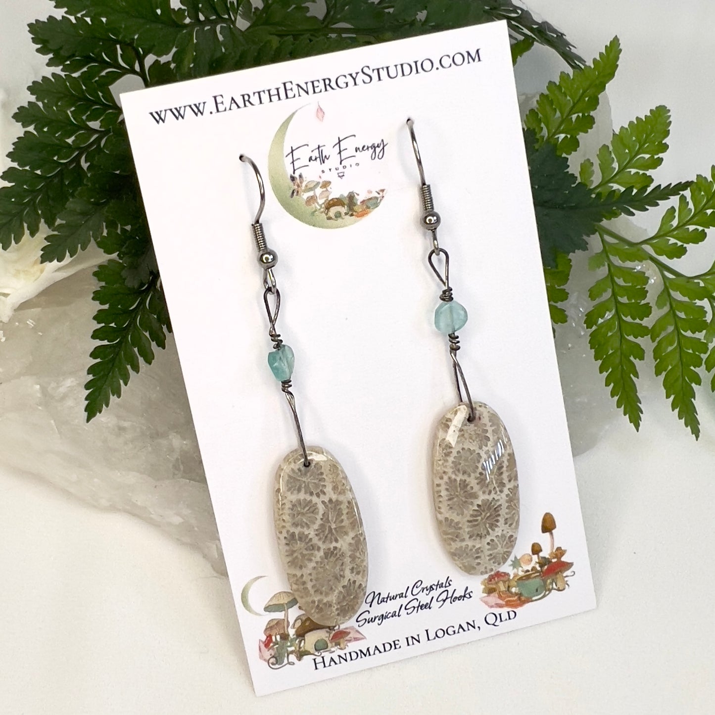 Fossilized Coral & Neon Apatite Earrings: Calm Protection ∙ Endurance ∙ Emotional Healing