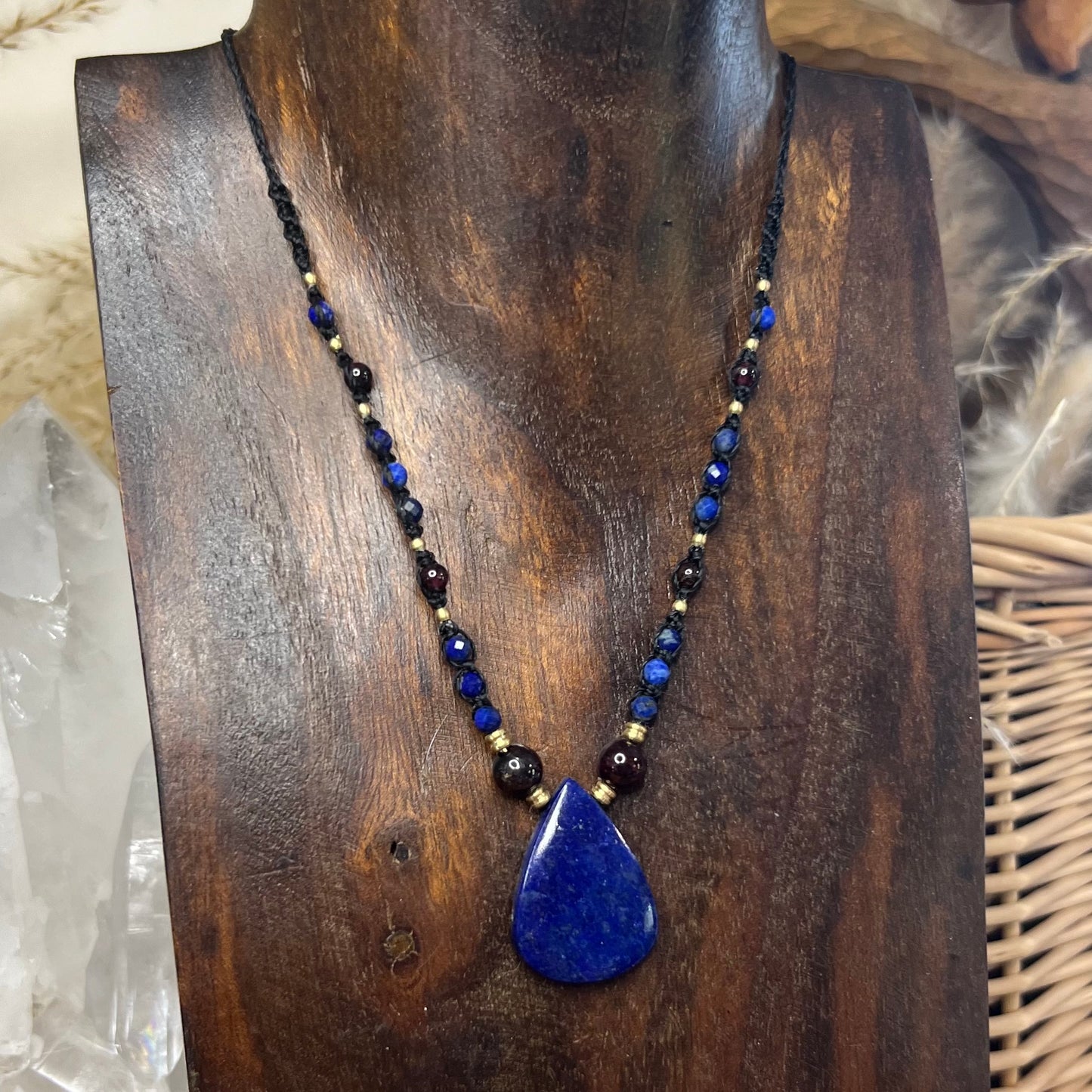 Lapis Lazuli, Garnet & Brass Crystal Macrame Necklace