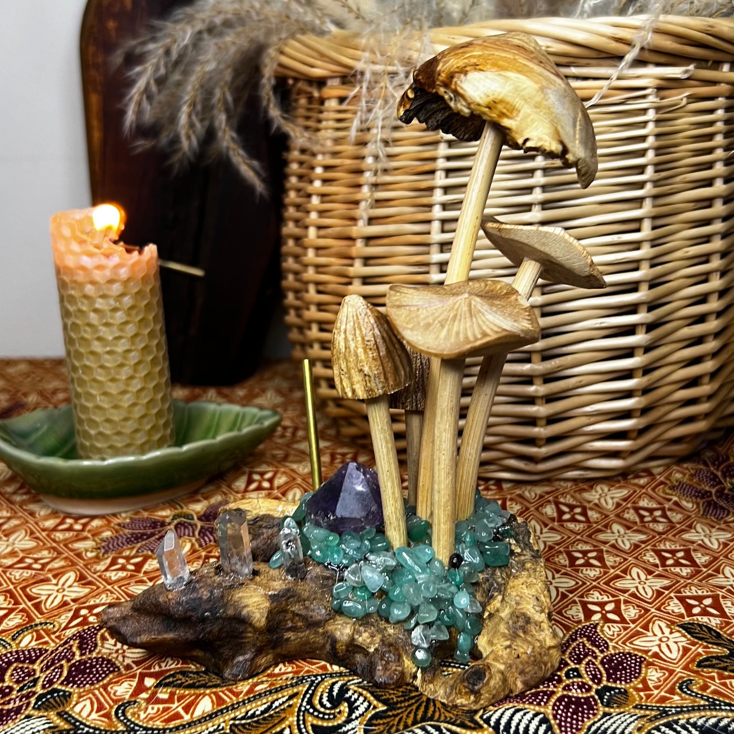 Bespoke Crystal & Wooden Burl Mushroom Incense Stick Holder - Amethyst | Quartz | Dyed Agate