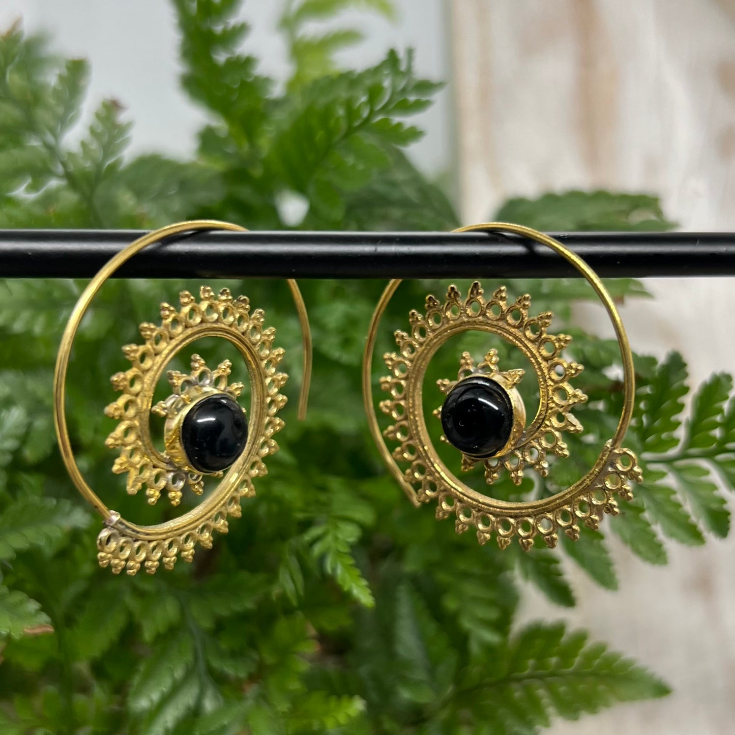 Mandala Spirals with Obsidian Boho Brass Earrings (ii)