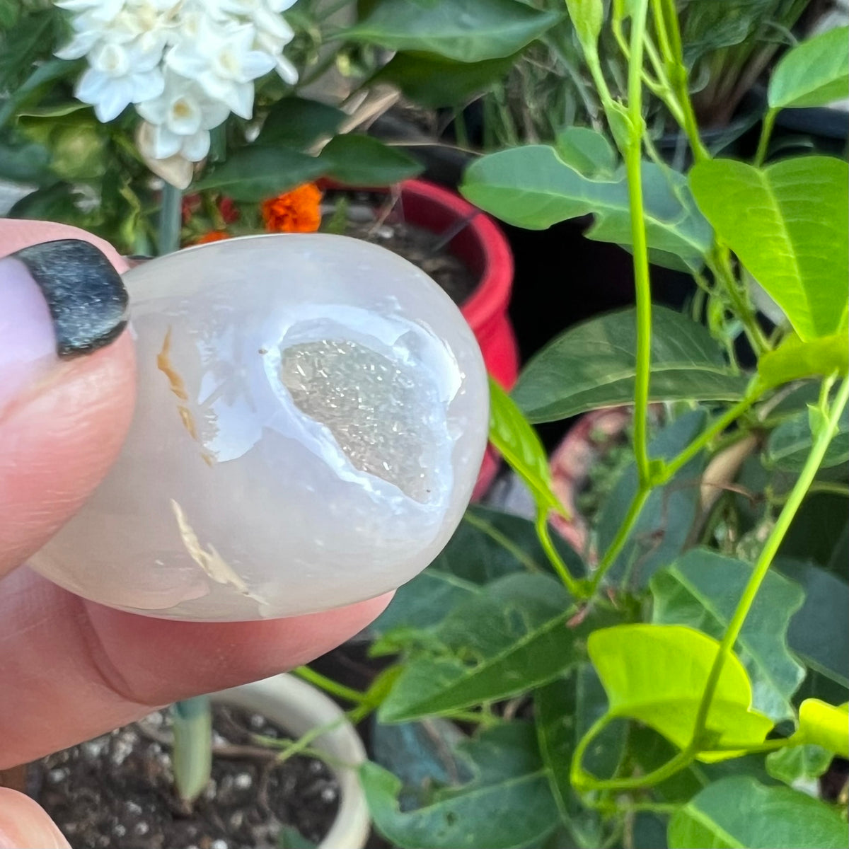 Polished Clear Agate Geode Egg Tumblestone with Crystalline Druzy Cave
