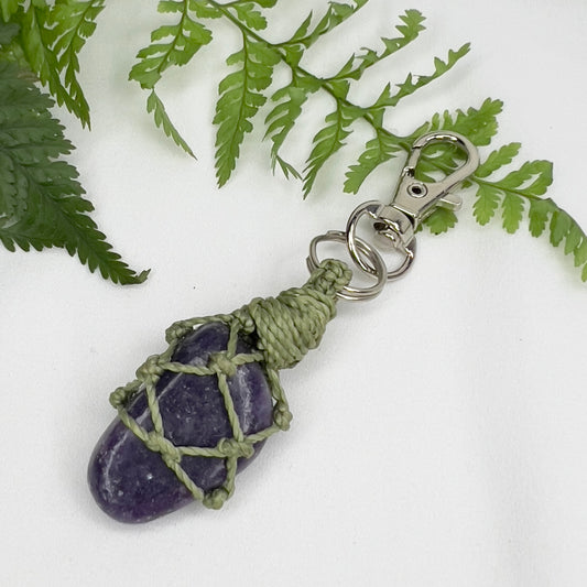 Lepidolite Crystal Macrame Keyring Charm | Pet Collar Charm