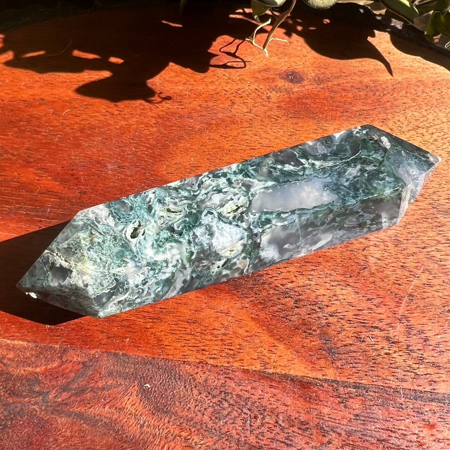 Moss Agate Double Terminated Wand with druzy