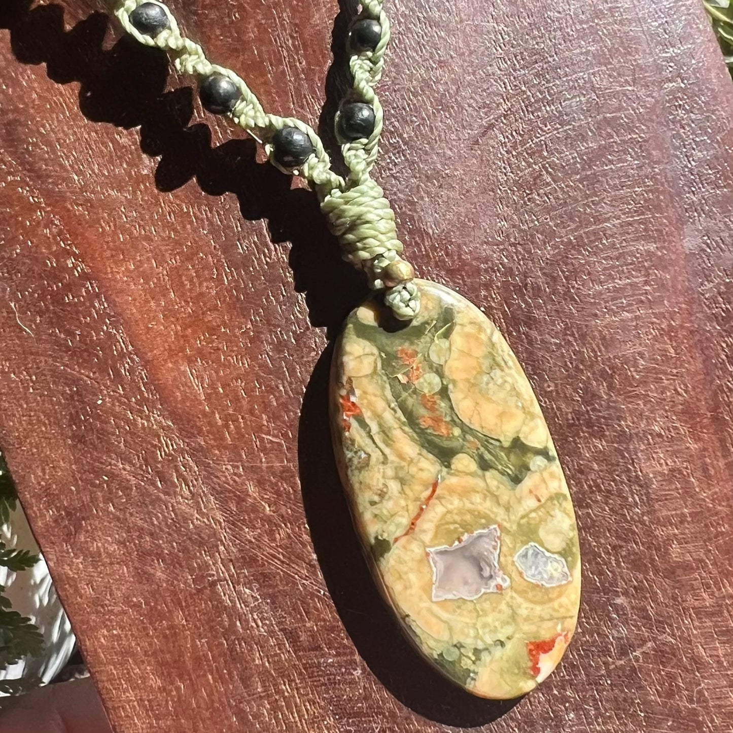 Rainforest Rhyolite Macrame Crystal Necklace