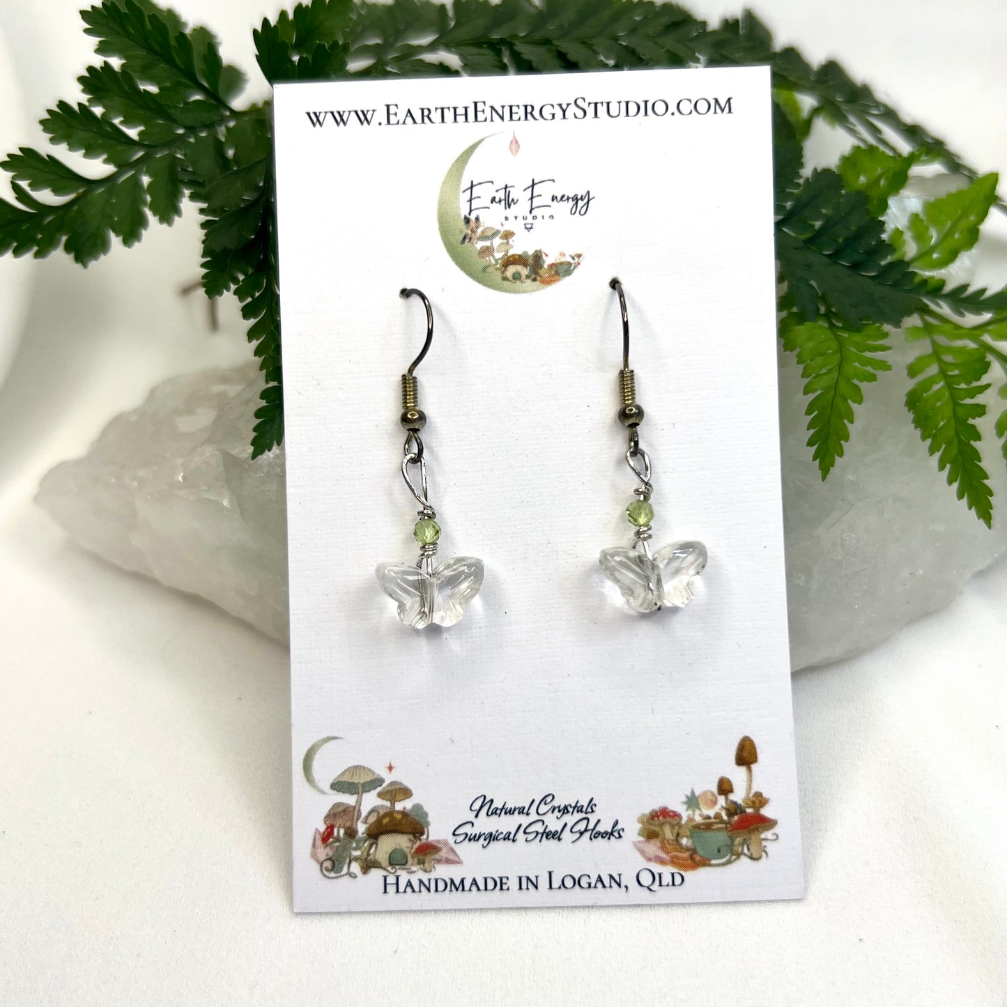 Clear Quartz Butterfly with Peridot Earrings: Clarity ∙ Balance ∙ Joy ∙ Positivity