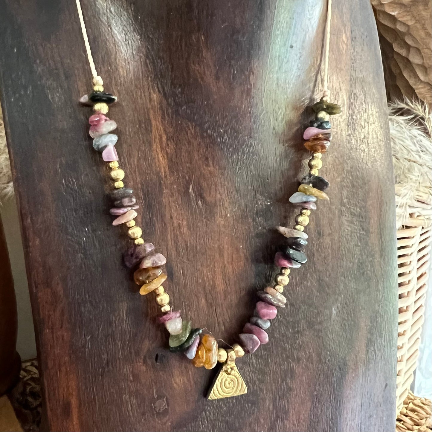Multi Tourmaline with Brass charm Crystal Necklace