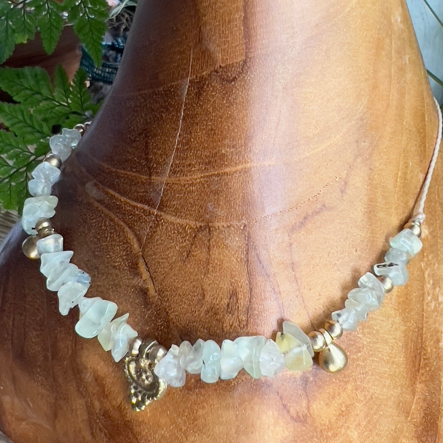Prehnite with Epidote and Brass Charm Crystal Necklace