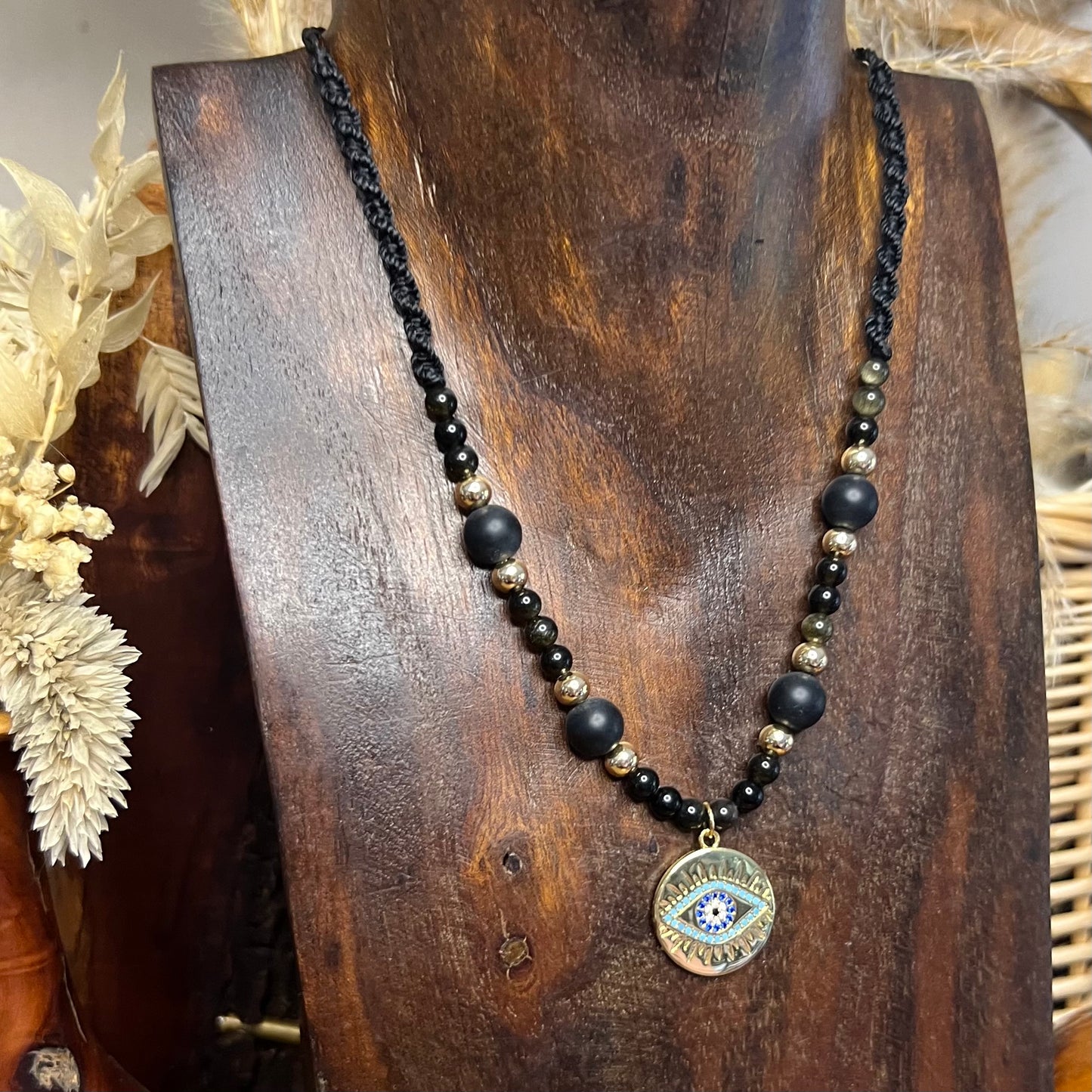 Obsidian and Onyx with Gold CZ Evil Eye Charm Crystal Necklace