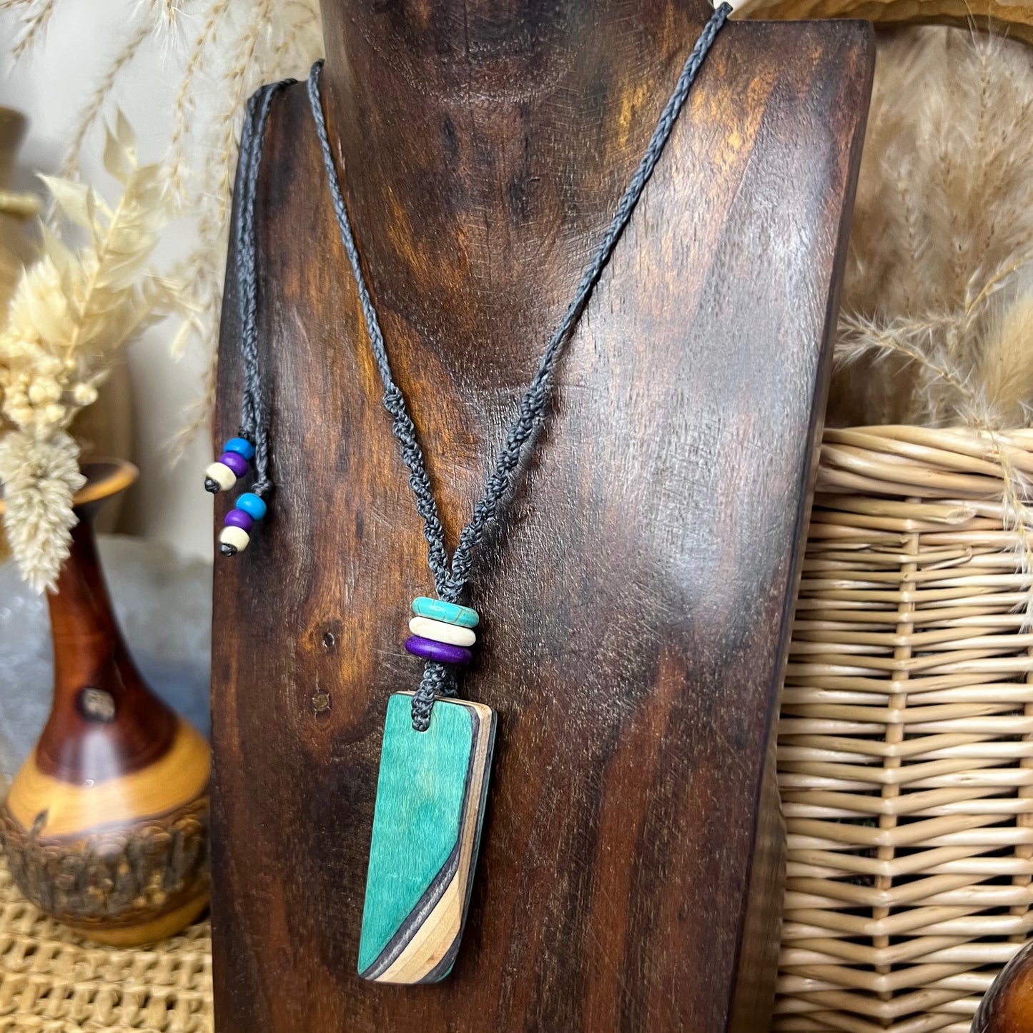 Sk8 Rock with Dyed Magnesite Macrame Necklace - Recycled Skateboard Jewellery