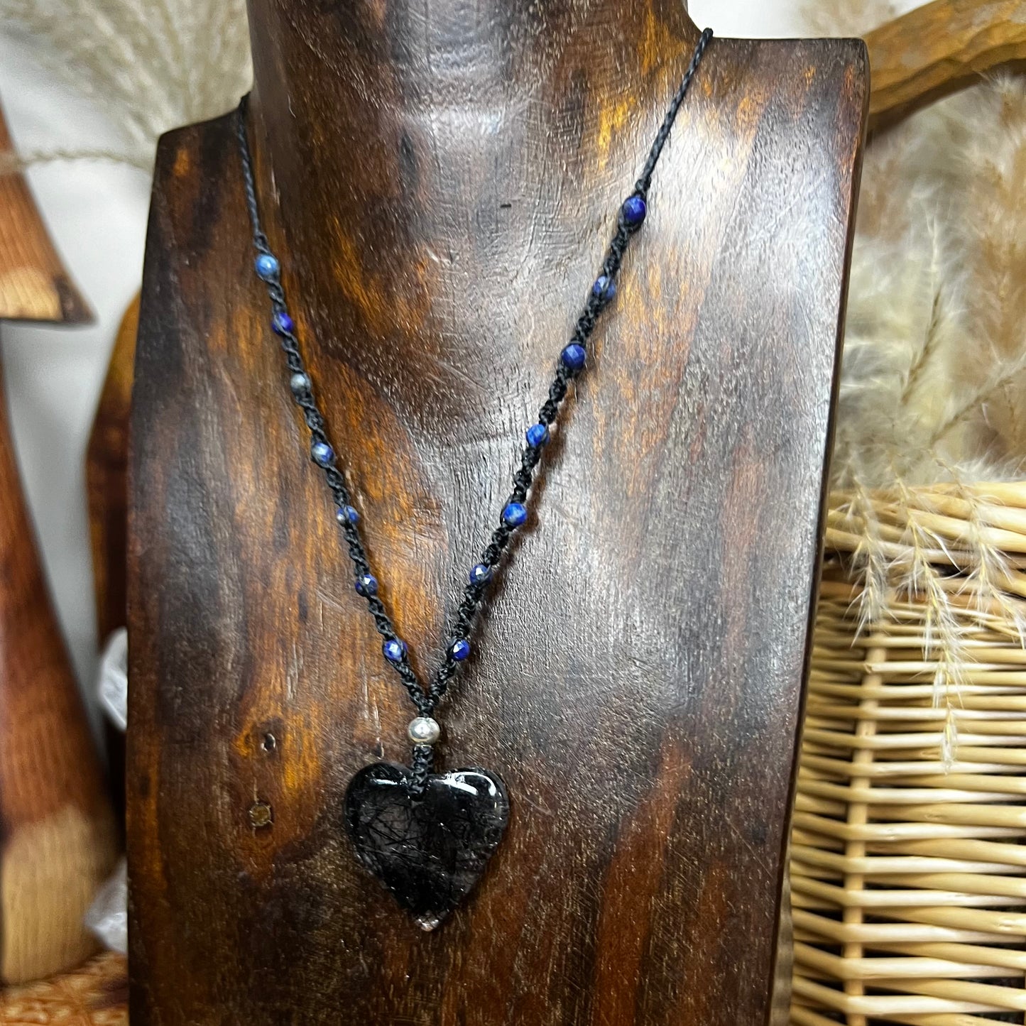 Tourmaline included Quartz Heart with Lapis Lazuli Crystal Macrame Necklace