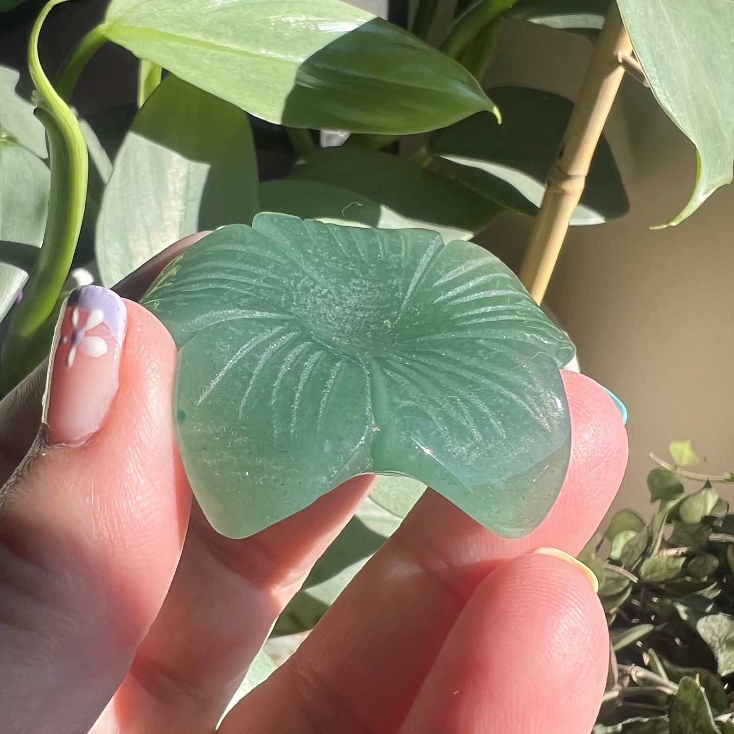 Green Aventurine Carved Leaf Sphere Stand | Green Aventurine Flower