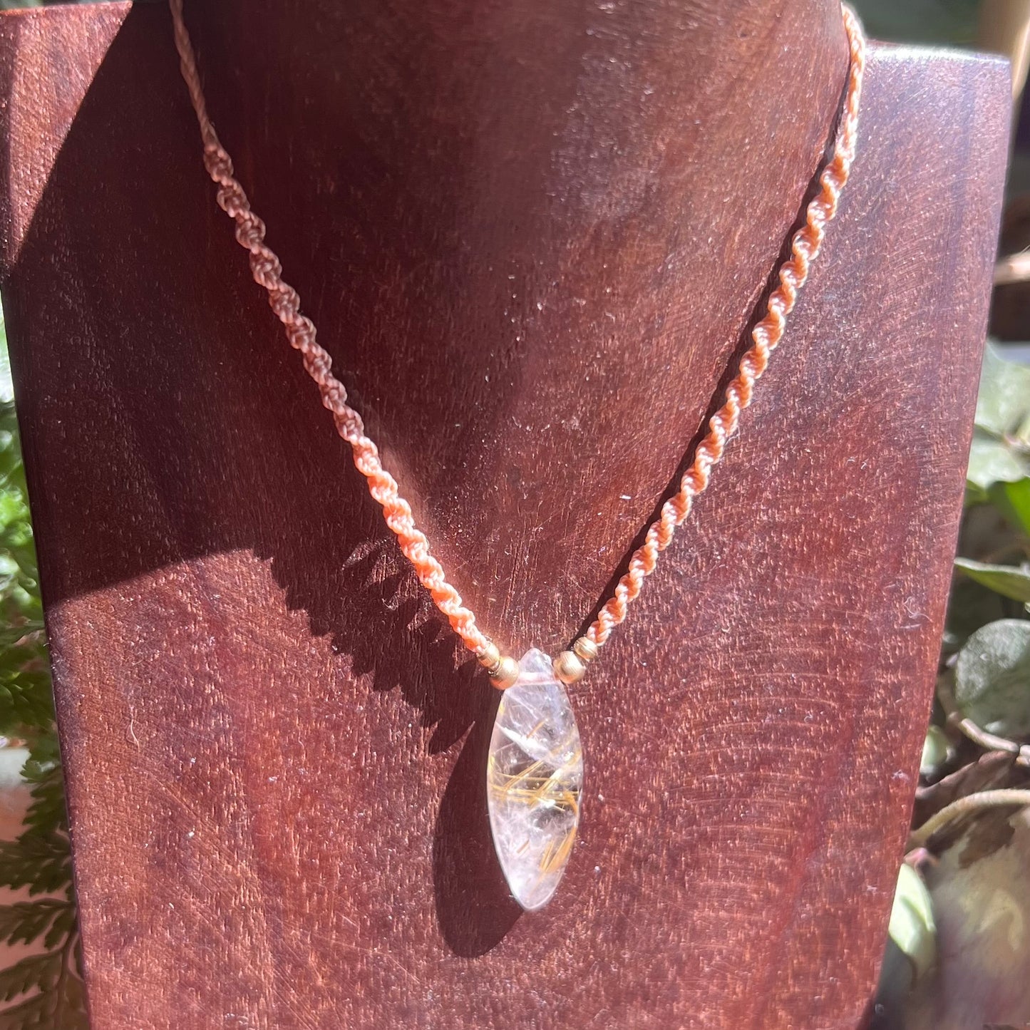 Gold Rutilated Quartz with Brass Petite Macrame Crystal Necklace