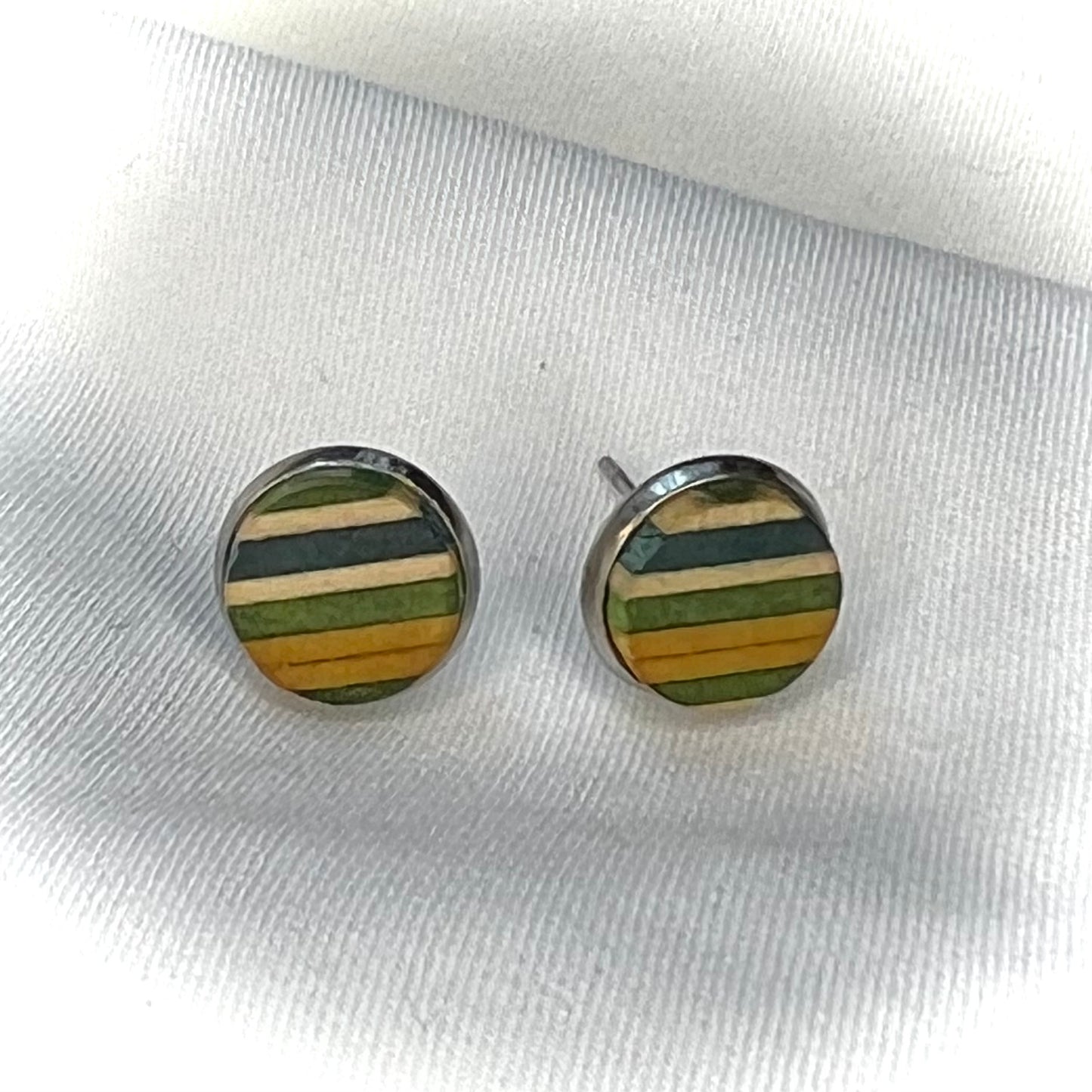 Upcycled Skateboard Timber Stud Earrings | Blue•Green•Yellow•Wood | by Addy’s Earrings